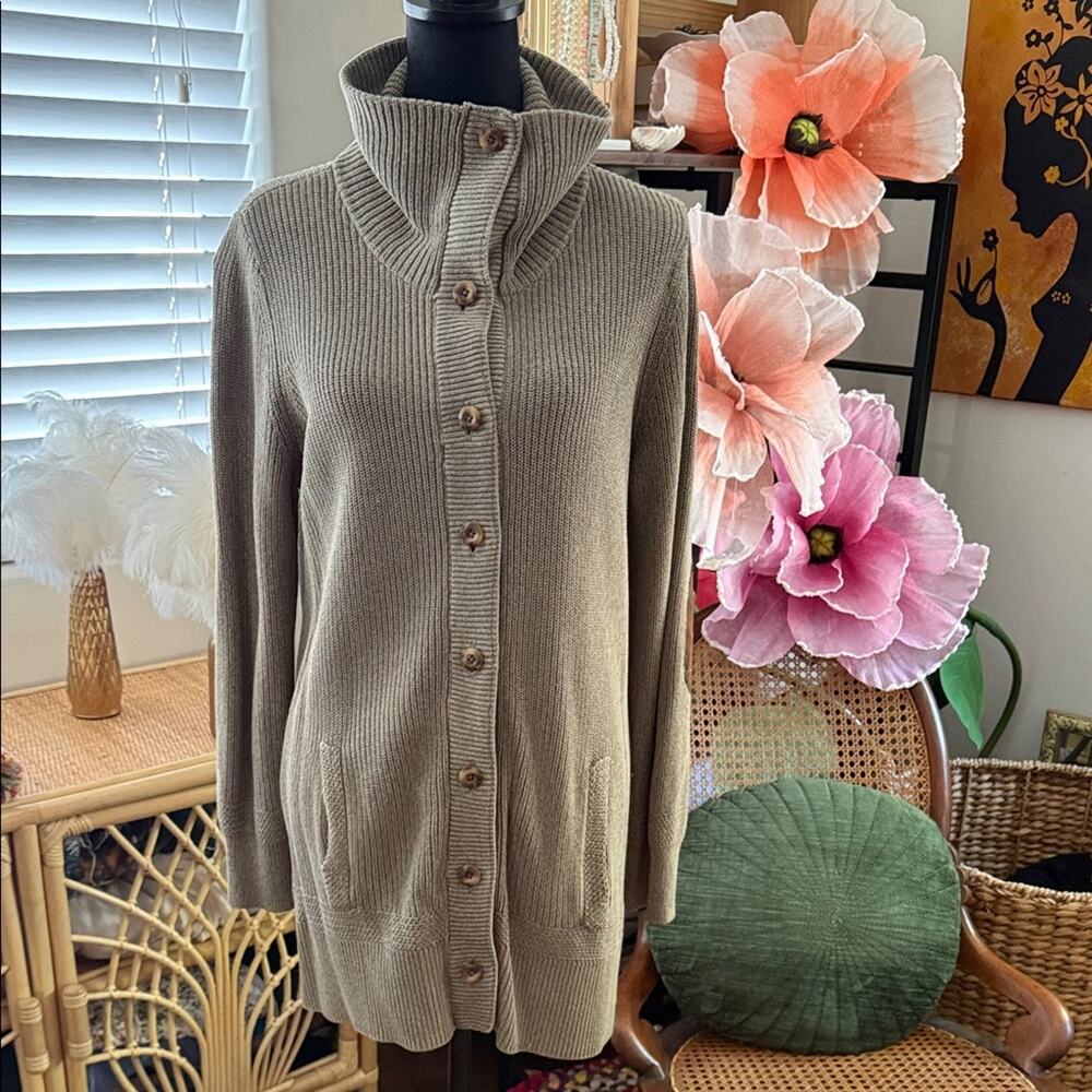 Lauren Ralph Lauren Taupe Knit Button Up Funnel Neck Elbow Patch Cardi Sweater
